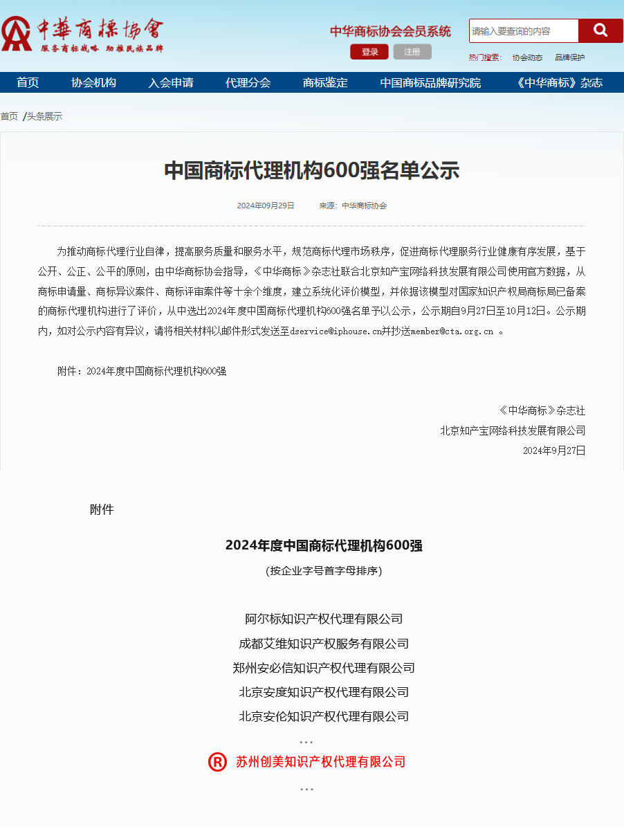 中国商标代理机构600强名单公示 中国商标代理机构600强名单公示